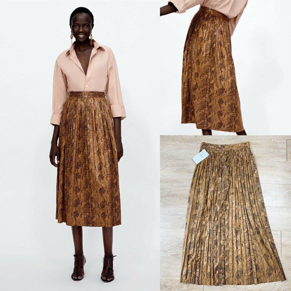 Zara Faux Suede Maxi Skirt Womens XS Brown Snakeskin Print